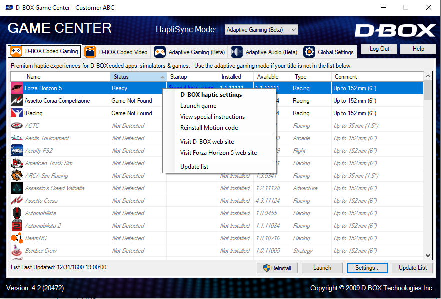 DBOX Coded Gaming Mode (from the Game Center)